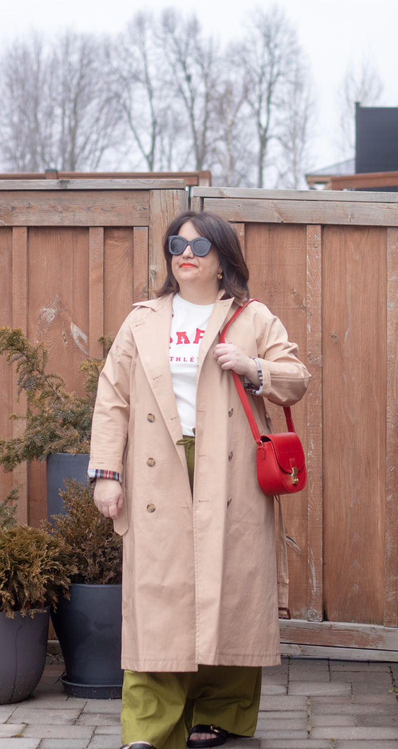 Trench coat outfit, spring outfit, green linen trousers, paris tee, red leather bag