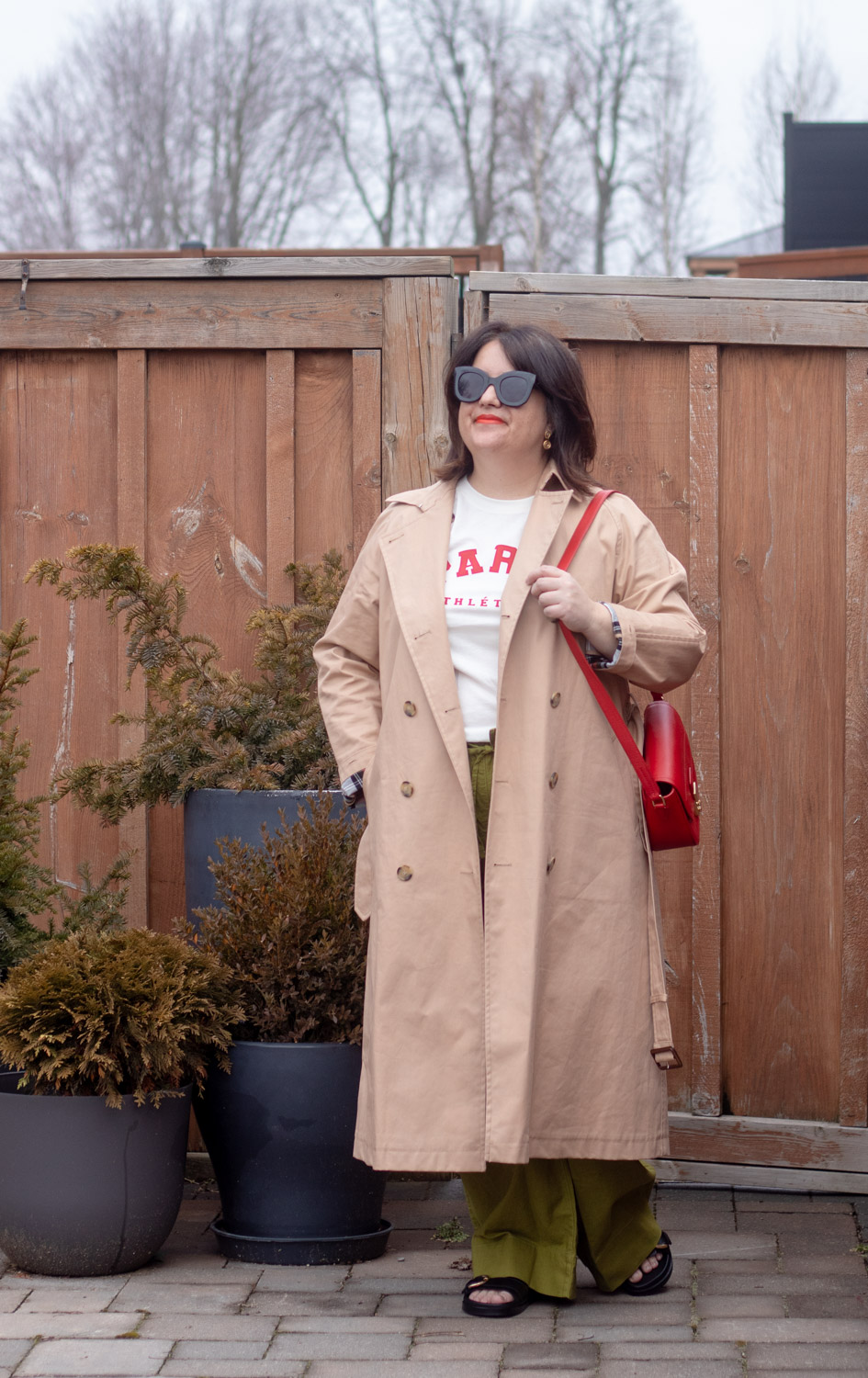 trench coat outfit, paris tee, green linen pants