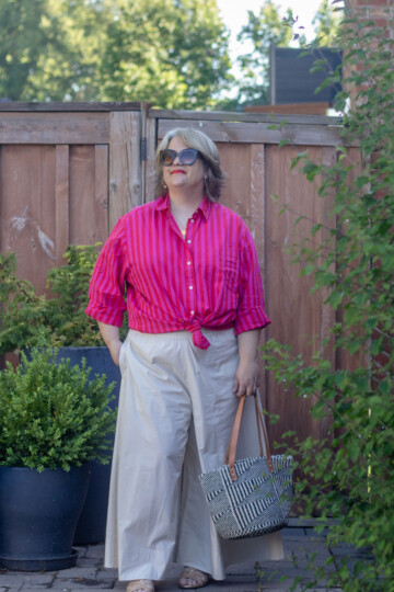 oversized stripe button front shirt with wide leg culotte trousers