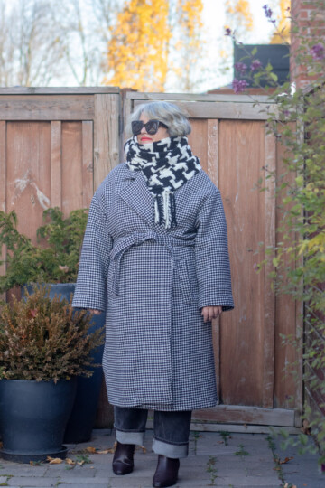 black and white scarf with black and white houndstooth coat