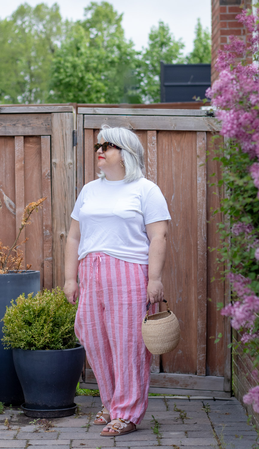pink linen stripes pants outfit