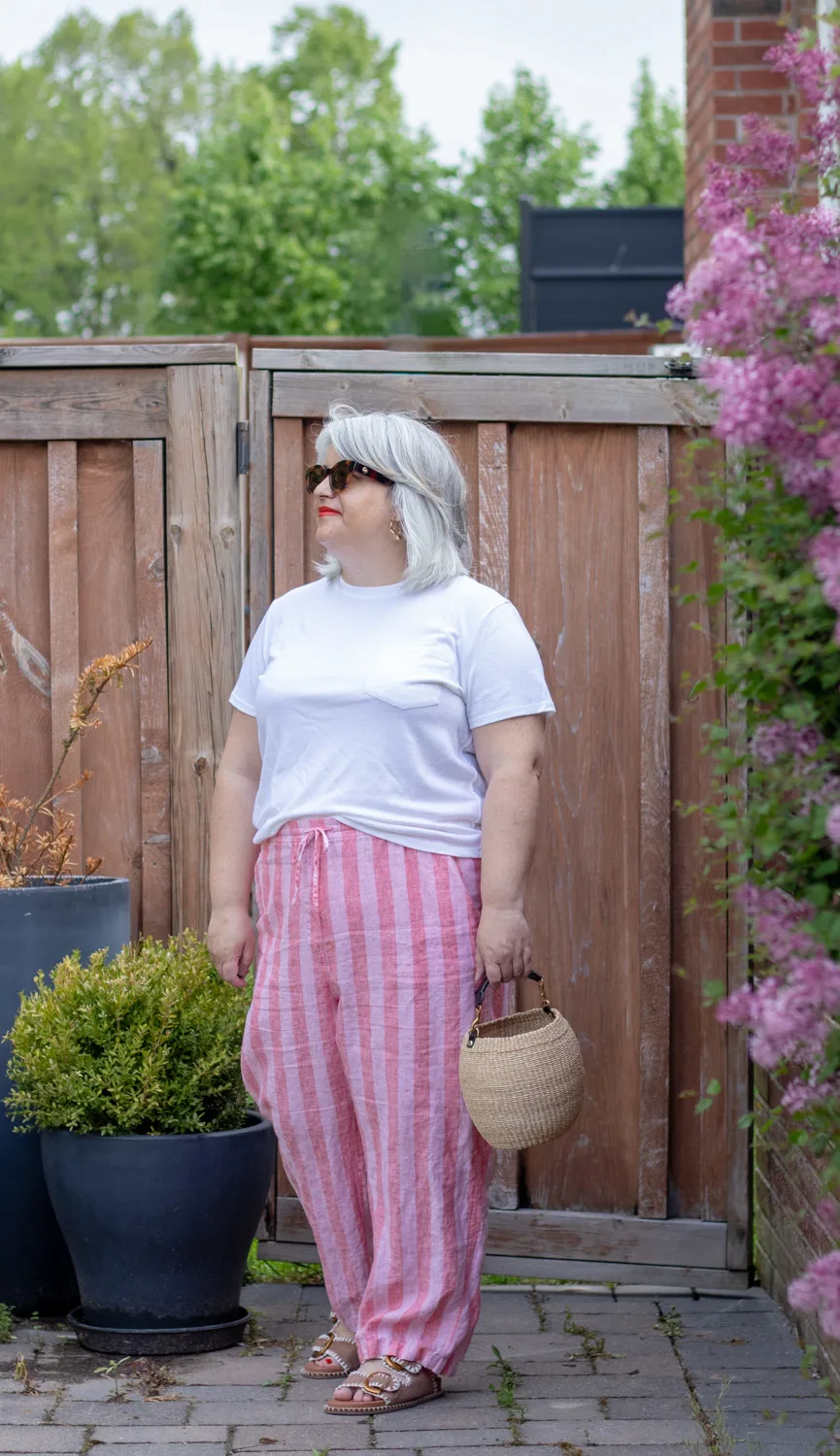 pink linen stripes pants outfit