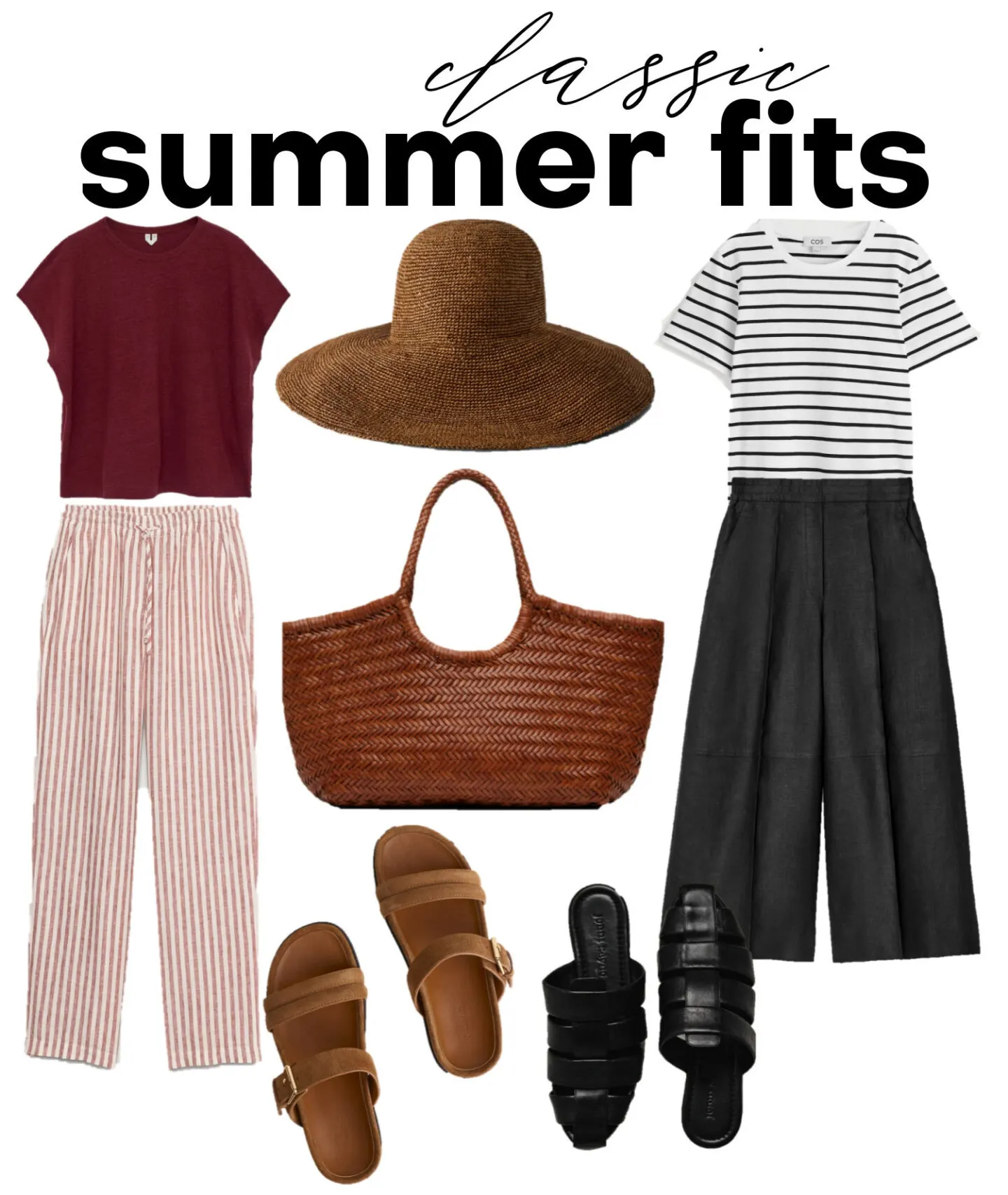 two classic summer fits, linen pants and tee summer looks