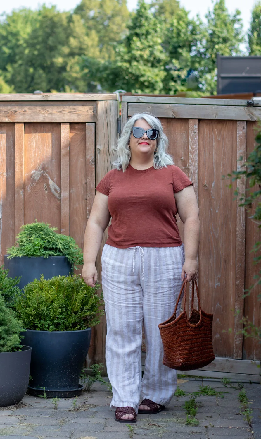stripe linen pants, rusty brown tee