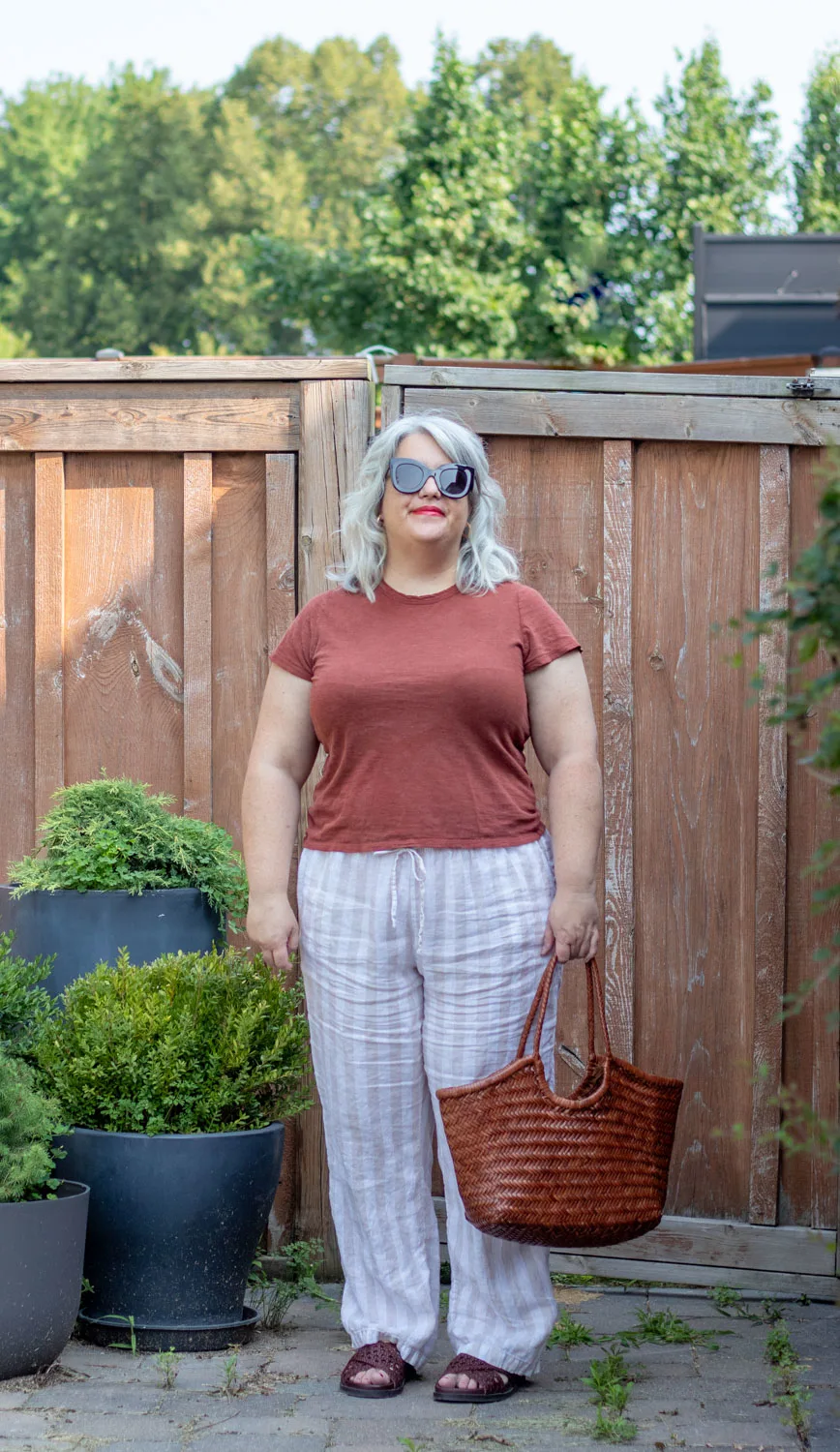 stripe linen pants, slub rust coloured tee, shop your closet