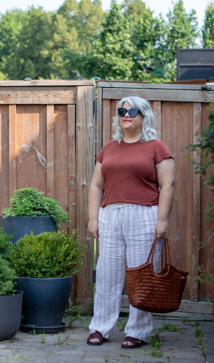 stripe linen pants, rusty brown tee