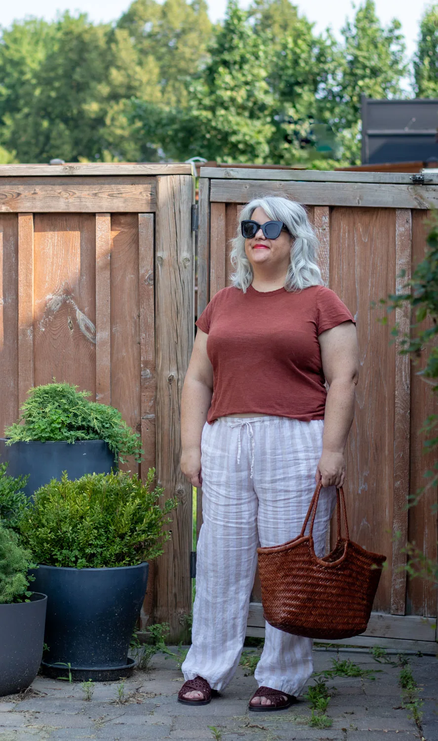 stripe linen pants, rusty brown tee