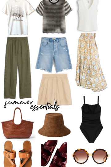 summer essentials, european packing list, neutral summer outfits, summer basics capsule wardrobe