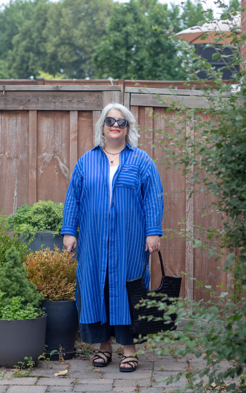 summer duster outfit, shirt dress over pants
