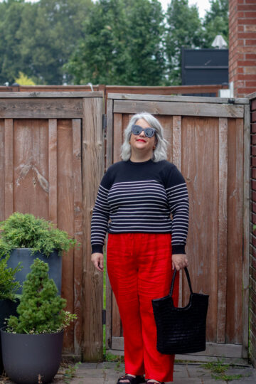 unbound merino crew sweater review, stripe sweater with red linen pants