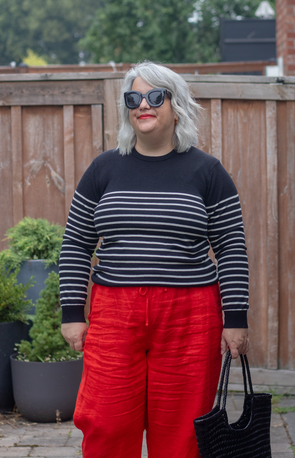unbound merino crew sweater review, stripe sweater with red linen pants